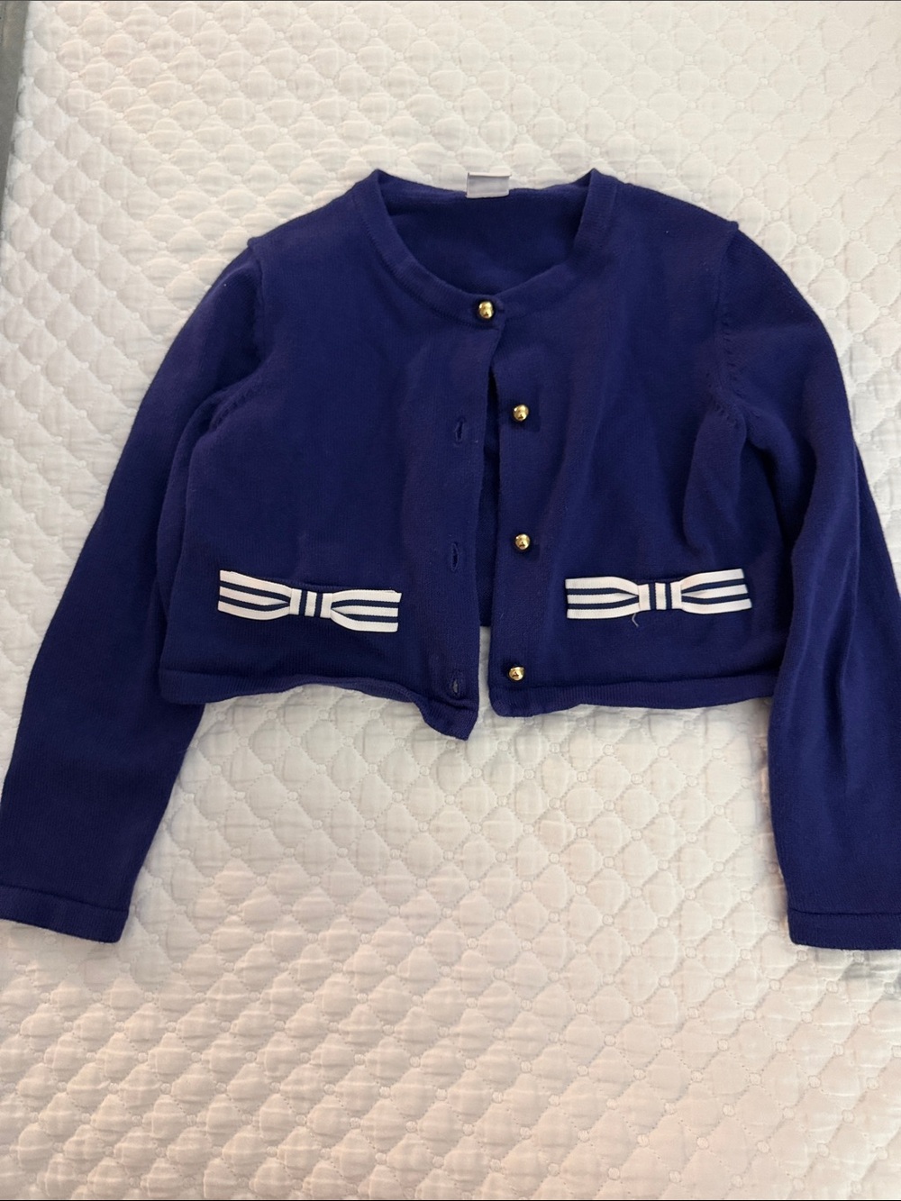 Janie and Jack Navy Blue Cropped Cardigan with White Bow Trim